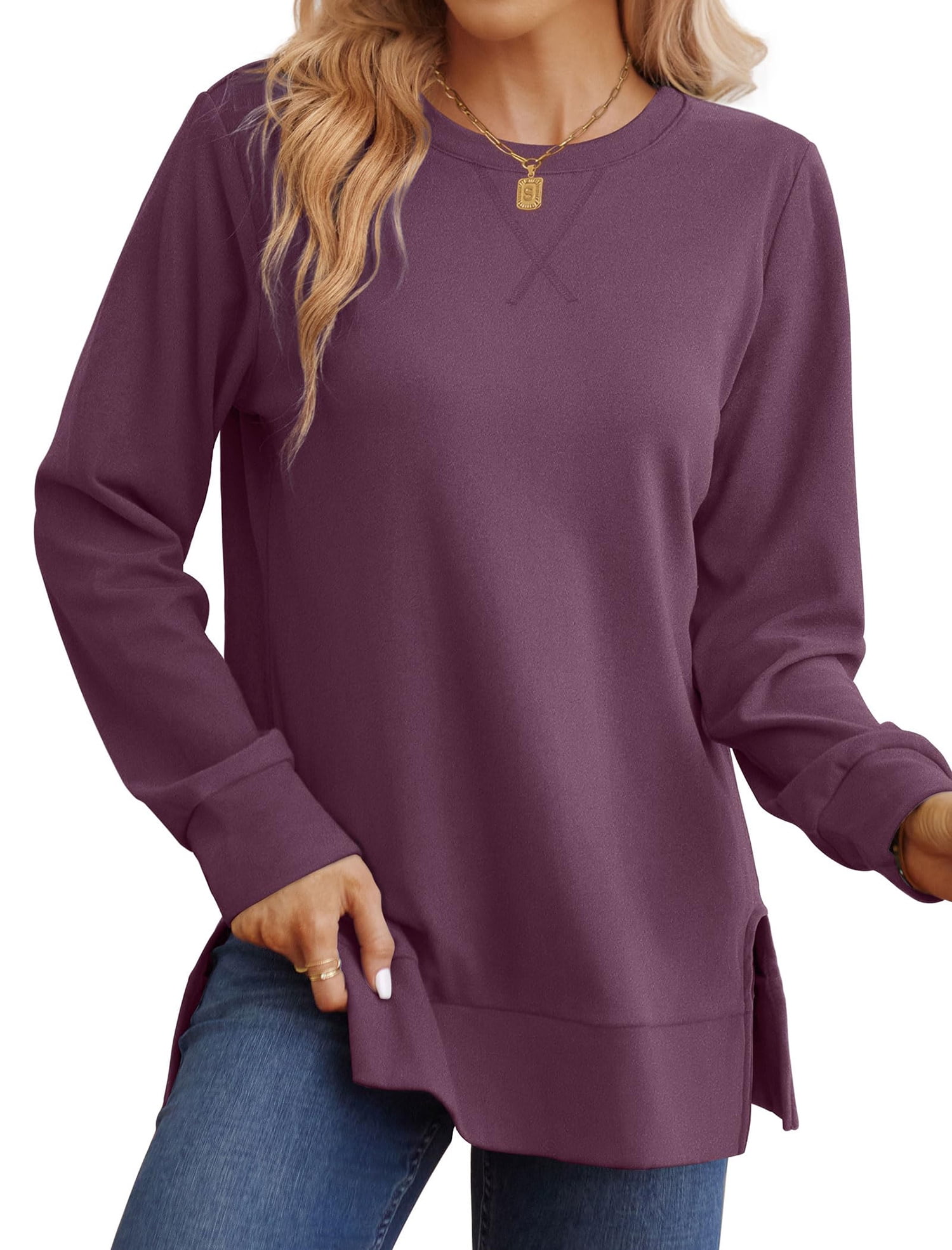 MOSHU Crewneck Sweatshirts for Women Side Split Long Sleeve