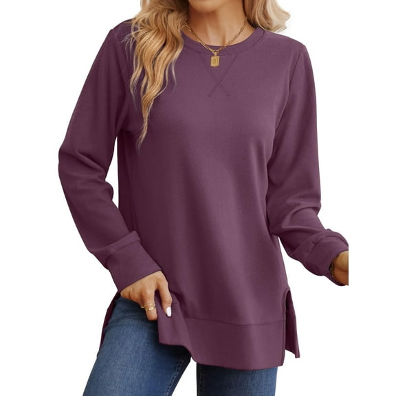 MOSHU Crewneck Sweatshirts for Women Side Split Long Sleeve Shirts Fashion Fall Womens Tops