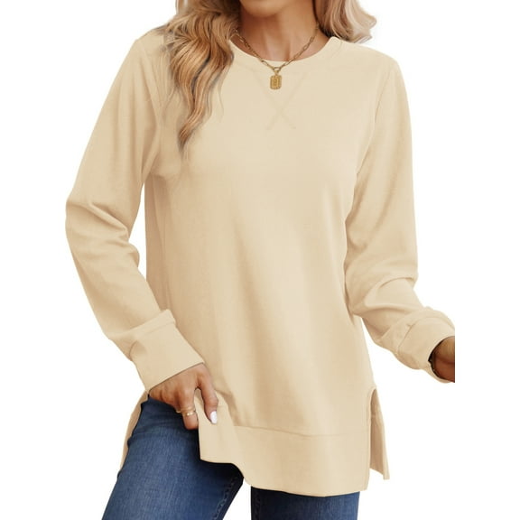 MOSHU Crewneck Sweatshirts for Women Side Split Long Sleeve Shirts Fashion Fall Womens Tops