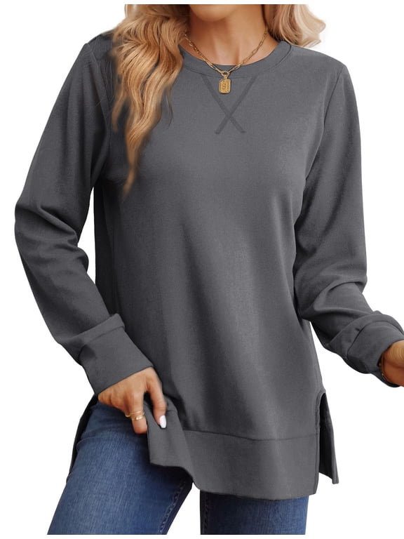 Plus Size Crewneck Sweatshirts for Women Side Split Long Sleeve Shirts Fashion Fall Womens Tops