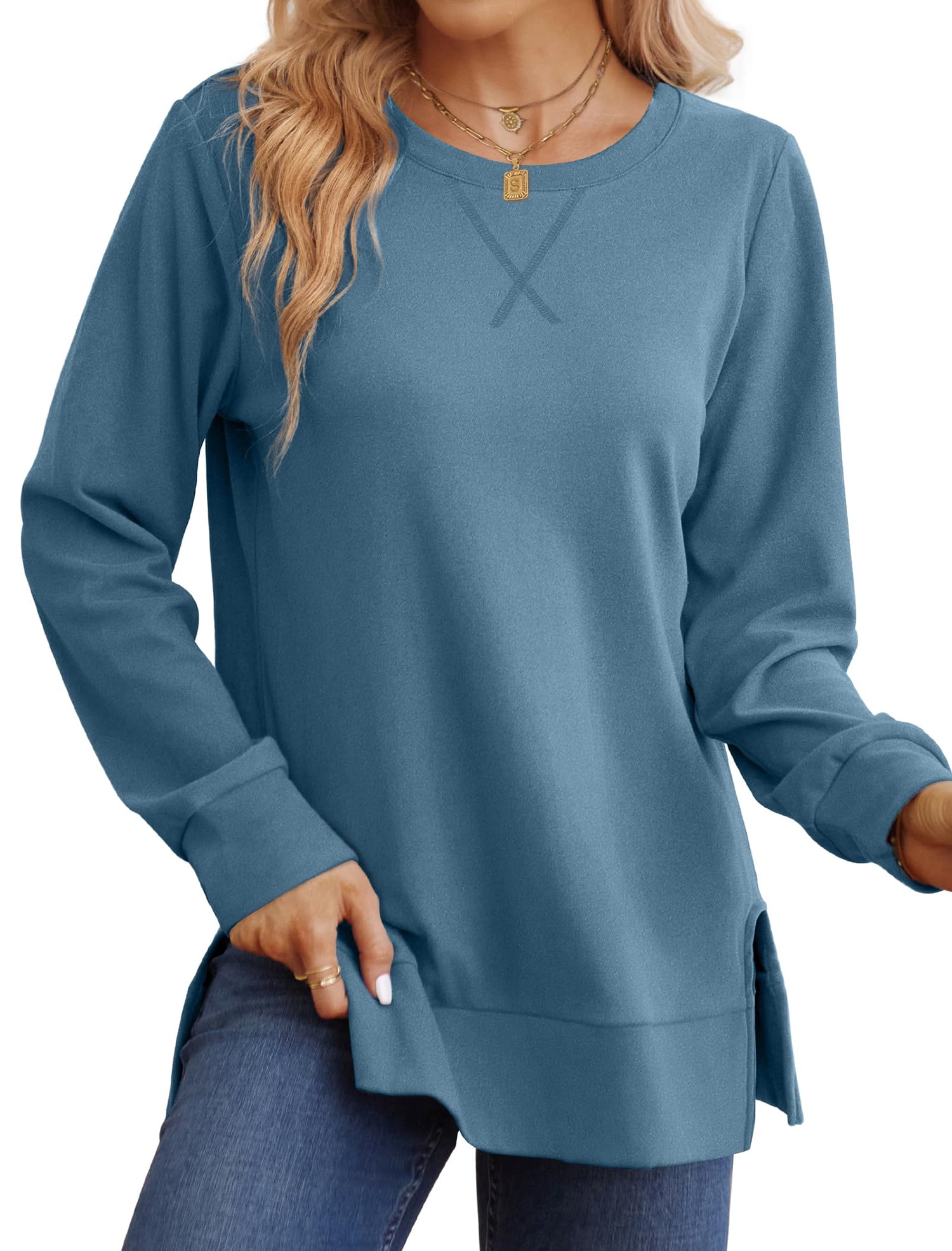 MOSHU Crewneck Sweatshirts for Women Side Split Long Sleeve MOSHU Crewneck Sweatshirts for Women Side Split Long Sleeve