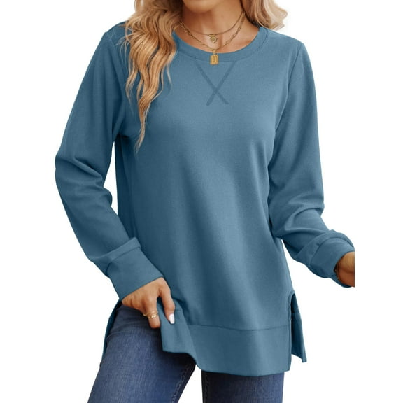 MOSHU Crewneck Sweatshirts for Women Side Split Long Sleeve Shirts Fashion Fall Womens Tops