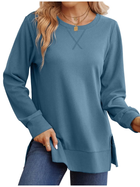 Crewneck Sweatshirts for Women Side Split Long Sleeve Shirts Fashion Fall Womens Tops
