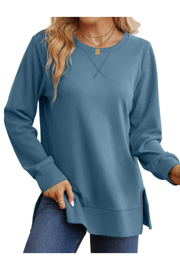 Crewneck Sweatshirts for Women Side Split Long Sleeve Shirts Fashion Fall Womens Tops