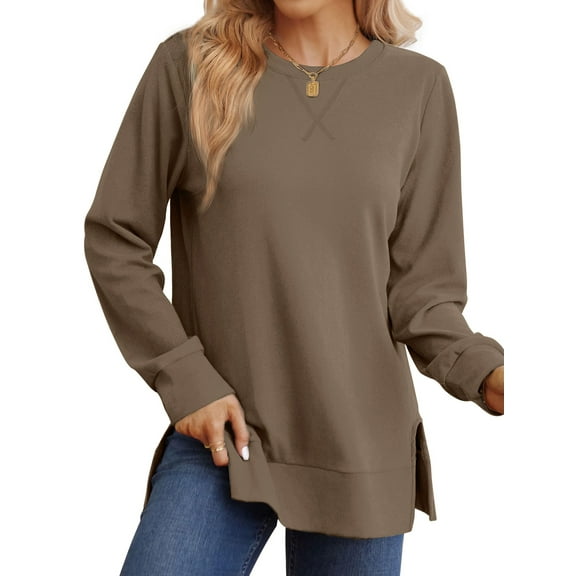 MOSHU Crewneck Sweatshirts for Women Side Split Long Sleeve Shirts Fashion Fall Womens Tops