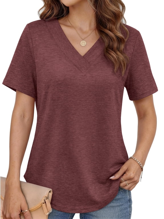 Deep V Neck Womens Tops Curved Hem Shirts for Women Fashion Trendy Blouses Casual Loose Fit Tees Tops