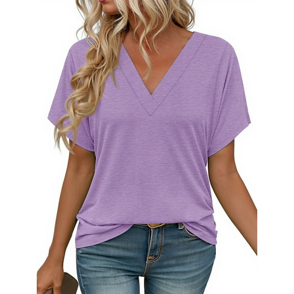 MOSHU Deep V Neck Womens Tops Curved Hem Shirts for Women Fashion Trendy Blouses Casual Loose Fit Tees Tops