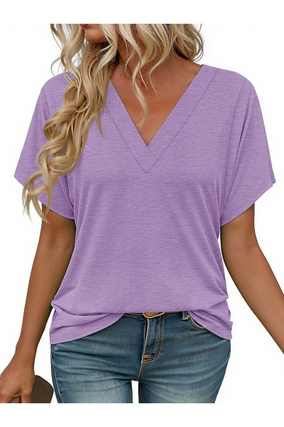 Deep V Neck Womens Tops Curved Hem Shirts for Women Fashion Trendy Blouses Casual Loose Fit Tees Tops