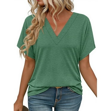 MOSHU Deep V Neck Womens Tops Curved Hem Shirts for Women Fashion Trendy Blouses Casual Loose Fit Tees Tops