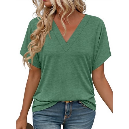 MOSHU Deep V Neck Womens Tops Curved Hem Shirts for Women Fashion Trendy Blouses Casual Loose Fit Tees Tops