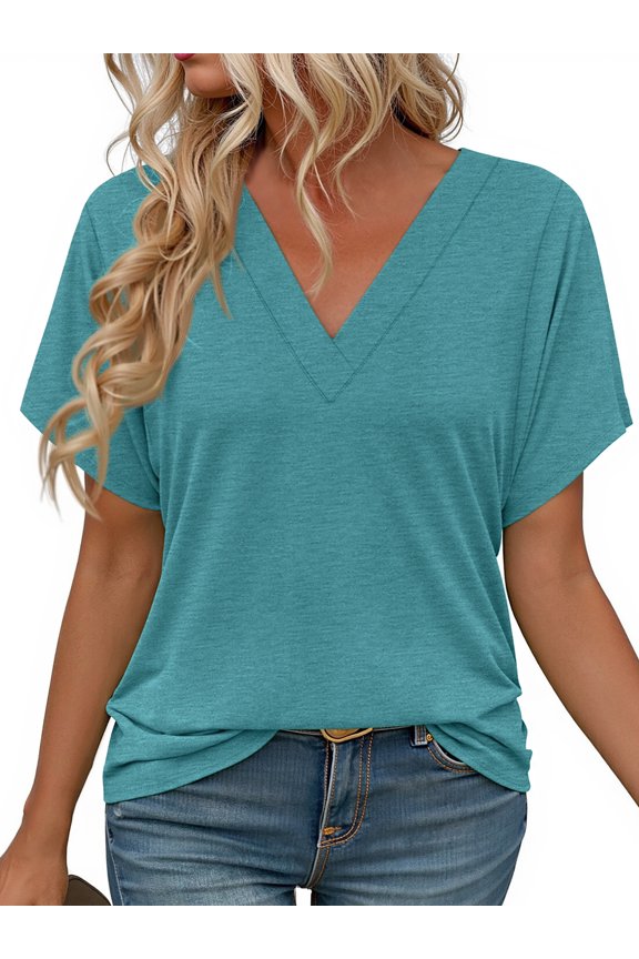 Deep V Neck Womens Tops Curved Hem Shirts for Women Fashion Trendy Blouses Casual Loose Fit Tees Tops