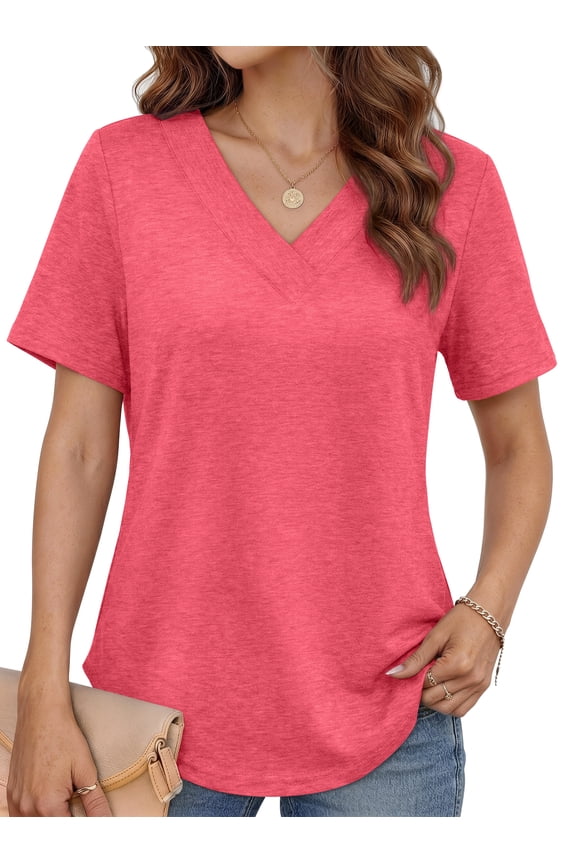 Deep V Neck Womens Tops Curved Hem Shirts for Women Fashion Trendy Blouses Casual Loose Fit Tees Tops