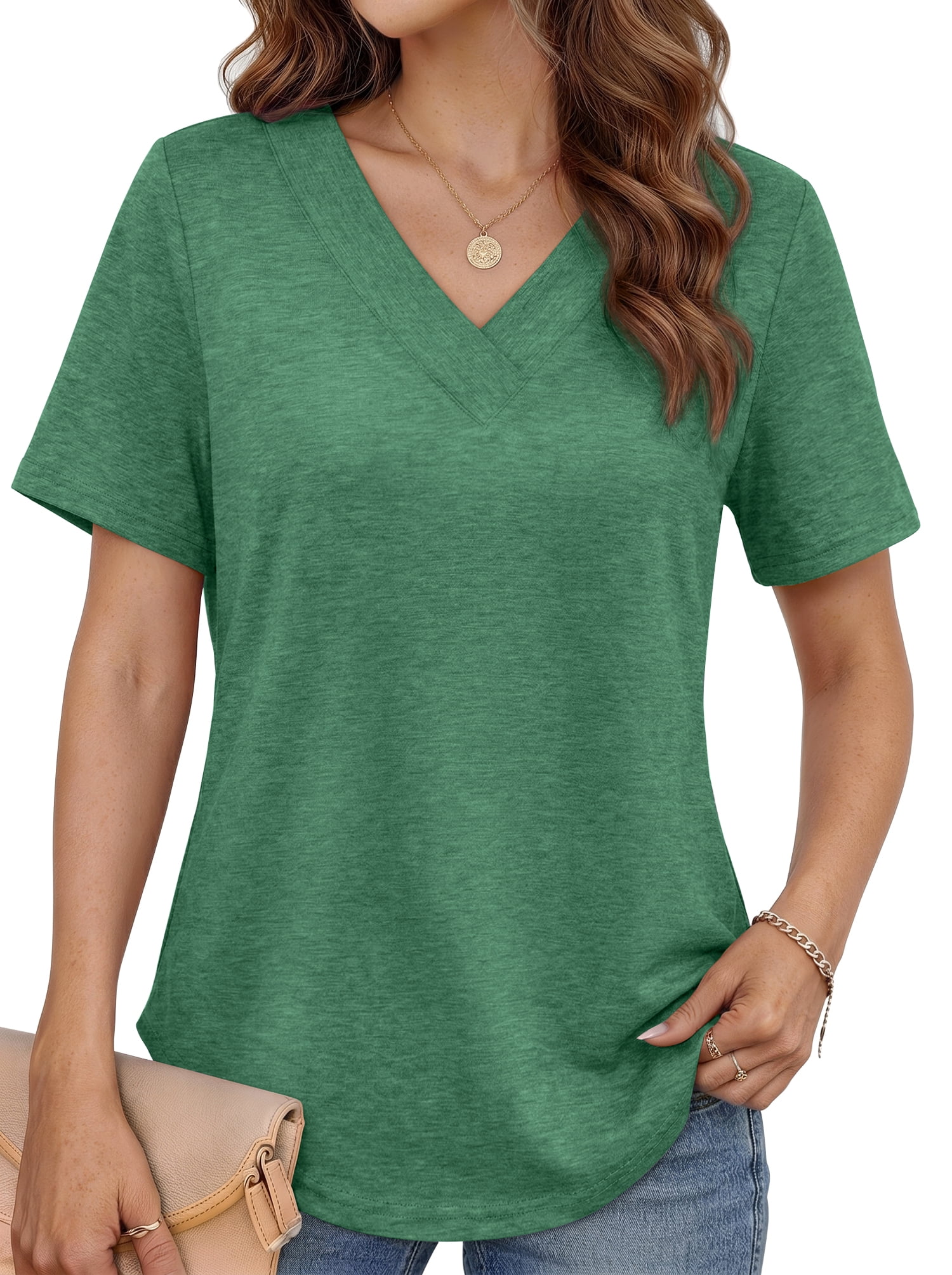 MOSHU Deep V Neck Womens Tops Curved Hem Shirts for Women Fashion Trendy Blouses Casual Loose Fit Tees Tops