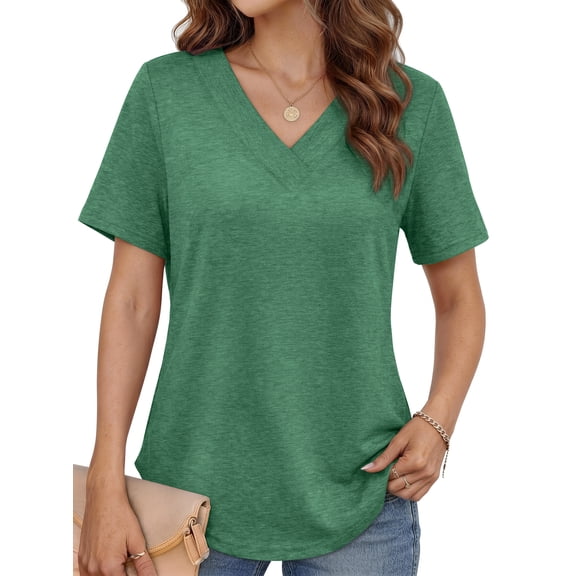 MOSHU Deep V Neck Womens Tops Curved Hem Shirts for Women Fashion Trendy Blouses Casual Loose Fit Tees Tops