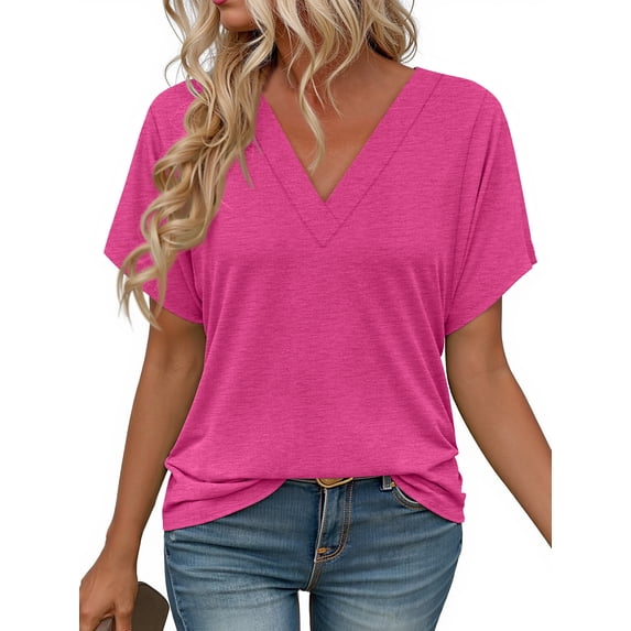 MOSHU Deep V Neck Womens Tops Curved Hem Shirts for Women Fashion Trendy Blouses Casual Loose Fit Tees Tops