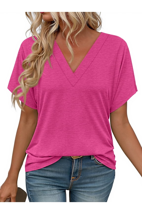 Deep V Neck Womens Tops Curved Hem Shirts for Women Fashion Trendy Blouses Casual Loose Fit Tees Tops
