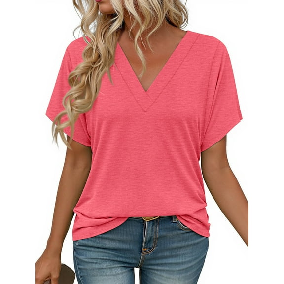 MOSHU Deep V Neck Womens Tops Curved Hem Shirts for Women Fashion Trendy Blouses Casual Loose Fit Tees Tops