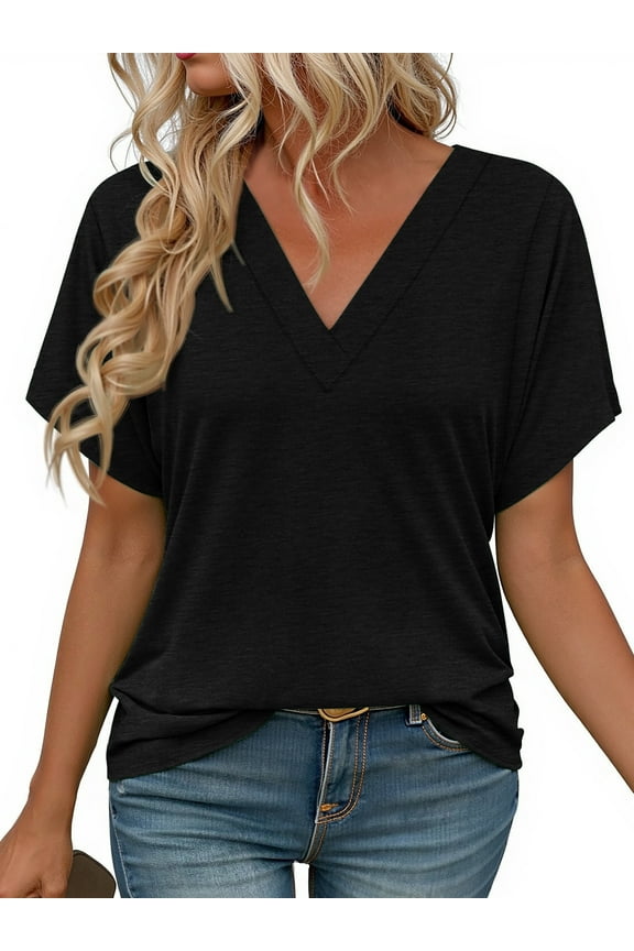Deep V Neck Womens Tops Curved Hem Shirts for Women Fashion Trendy Blouses Casual Loose Fit Tees Tops