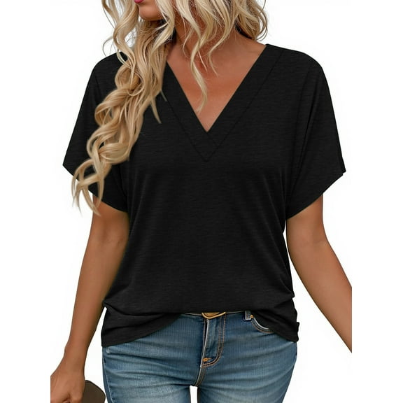 MOSHU Deep V Neck Womens Tops Curved Hem Shirts for Women Fashion Trendy Blouses Casual Loose Fit Tees Tops