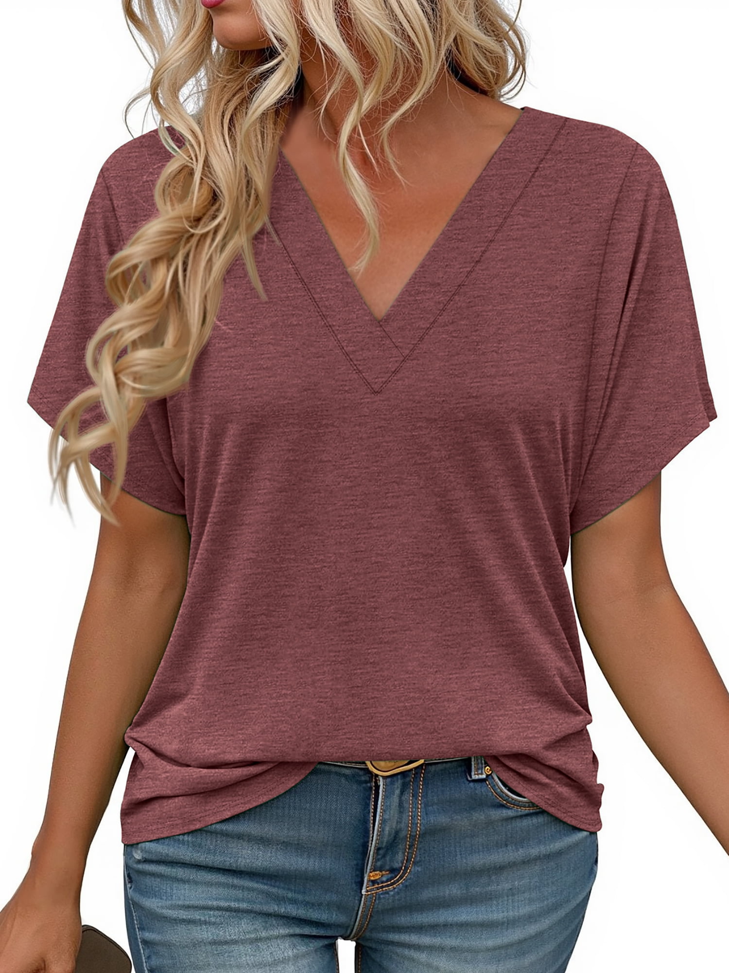 MOSHU Deep V Neck Women's Tops, Curved Hem Casual Loose Fit Blouses ...