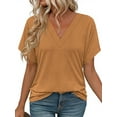thumbnail image 1 of MOSHU Deep V Neck Womens Tops Curved Hem Shirts for Women Fashion Trendy Blouses Casual Loose Fit Tees Tops, 1 of 9