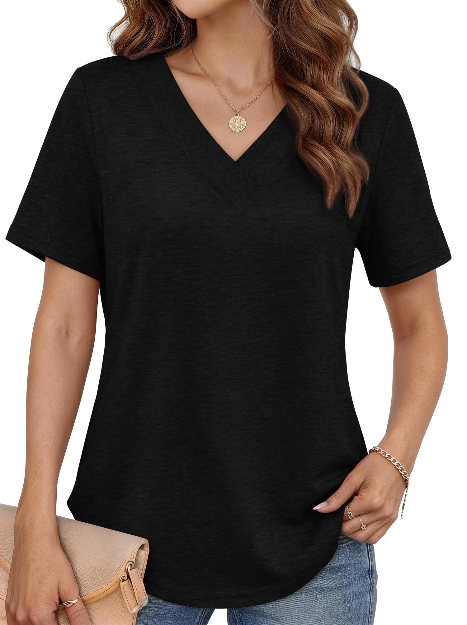 MOSHU Deep V Neck Womens Tops Curved Hem Shirts for Women Fashion Trendy Blouses Casual Loose Fit Tees Tops