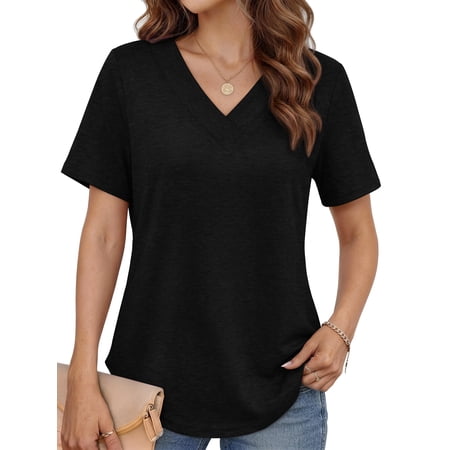 MOSHU Deep V Neck Plus Size Womens Tops Curved Hem Shirts for Women Fashion Trendy Blouses Casual Loose Fit Tees Tops