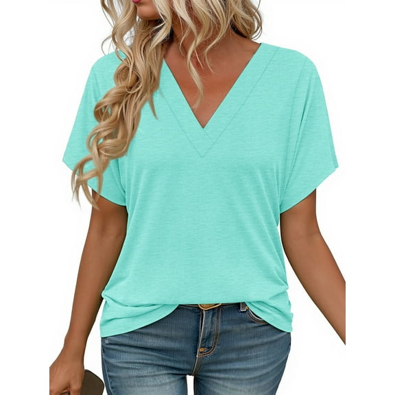 MOSHU Deep V Neck Womens Tops Curved Hem Shirts for Women Fashion Trendy Blouses Casual Loose Fit Tees Tops
