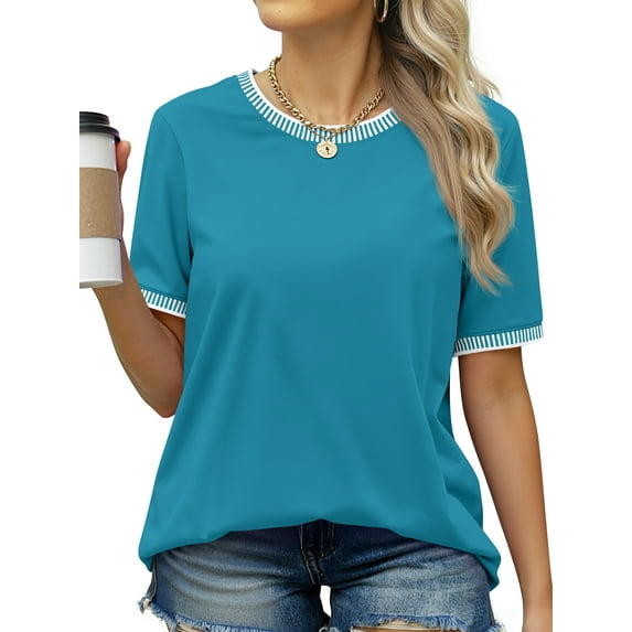 MOSHU Dressy Women Tops Crewneck Blouses for Women Striped Colorblock Short Sleeve Shirts Casual Summer Tops