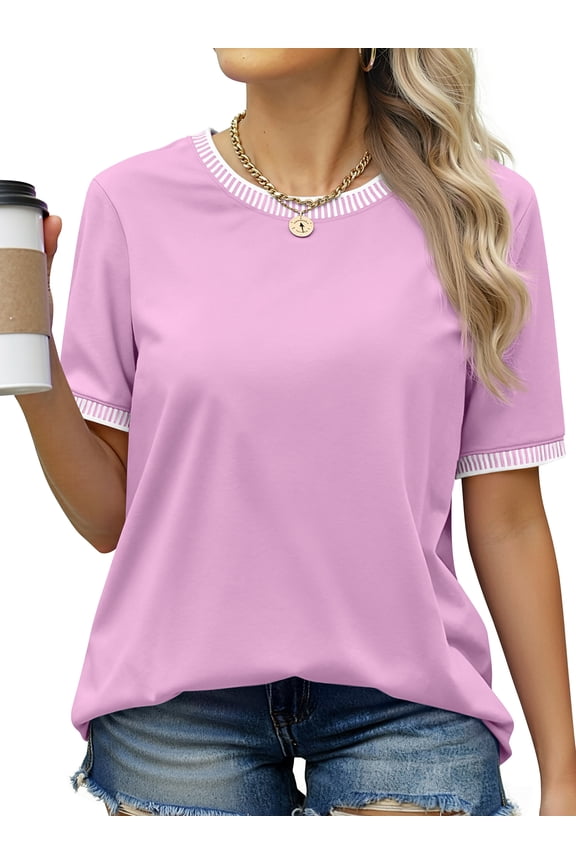 Dressy Women Tops Crewneck Blouses for Women Striped Colorblock Short Sleeve Shirts Casual Summer Tops
