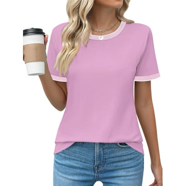 MOSHU Dressy Women Tops Crewneck Blouses for Women Striped Colorblock Short Sleeve Shirts Casual Summer Tops