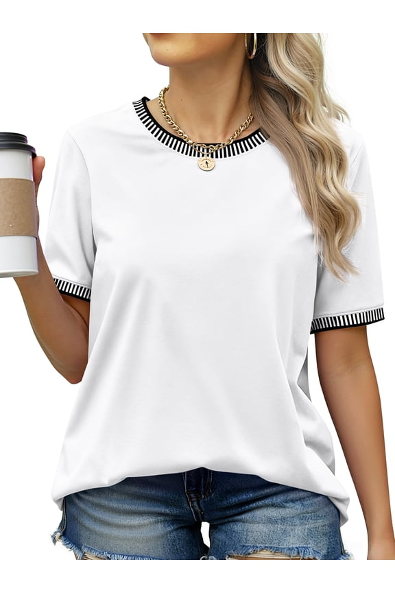 Dressy Women Tops Crewneck Blouses for Women Striped Colorblock Short Sleeve Shirts Casual Summer Tops