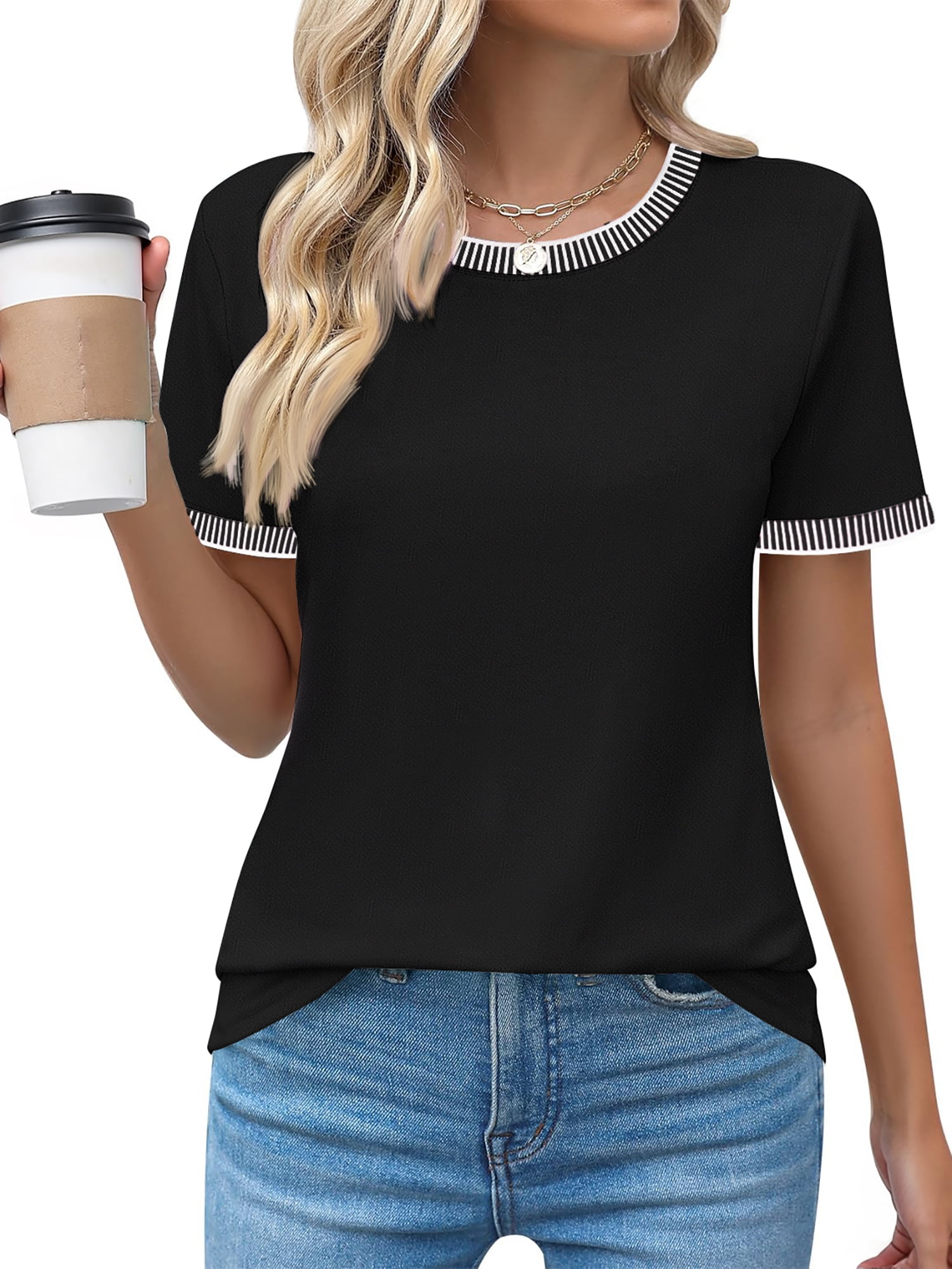 MOSHU Dressy Women Tops Crewneck Blouses for Women Striped Colorblock Short Sleeve Shirts Casual Summer Tops