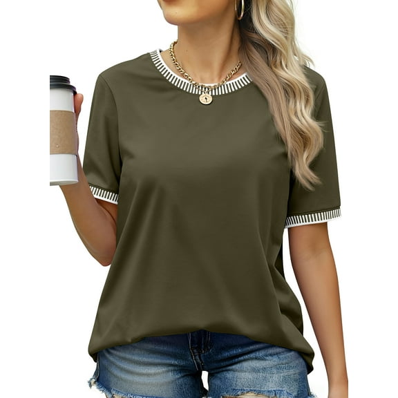 MOSHU Dressy Women Tops Crewneck Blouses for Women Striped Colorblock Short Sleeve Shirts Casual Summer Tops