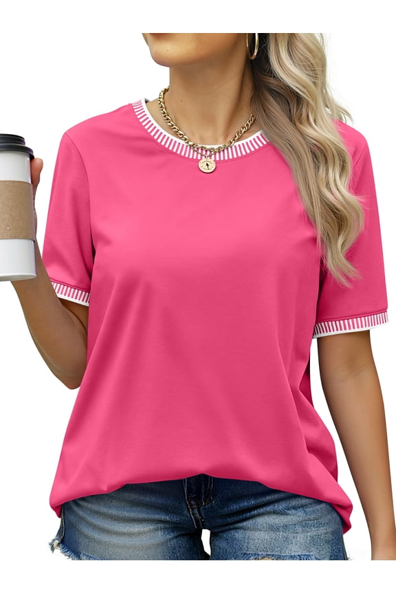 Dressy Women Tops Crewneck Blouses for Women Striped Colorblock Short Sleeve Shirts Casual Summer Tops