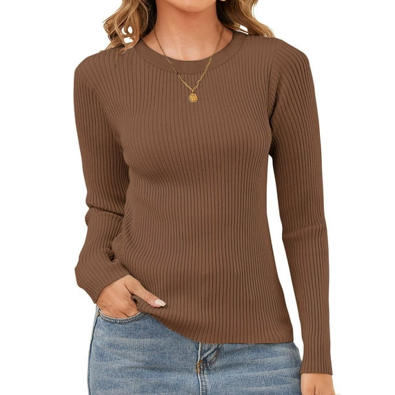 MOSHU Womens Sweaters Ribbed Knit Long Sleeve Shirts Slim Fit Pullover Sweaters for Women Crewneck Tunic Tops