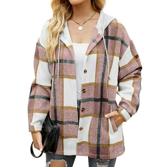 MOSHU Flannel Shirts for Women Button Down Plaid Shirt Hooded Shacket Jacket with Pocket