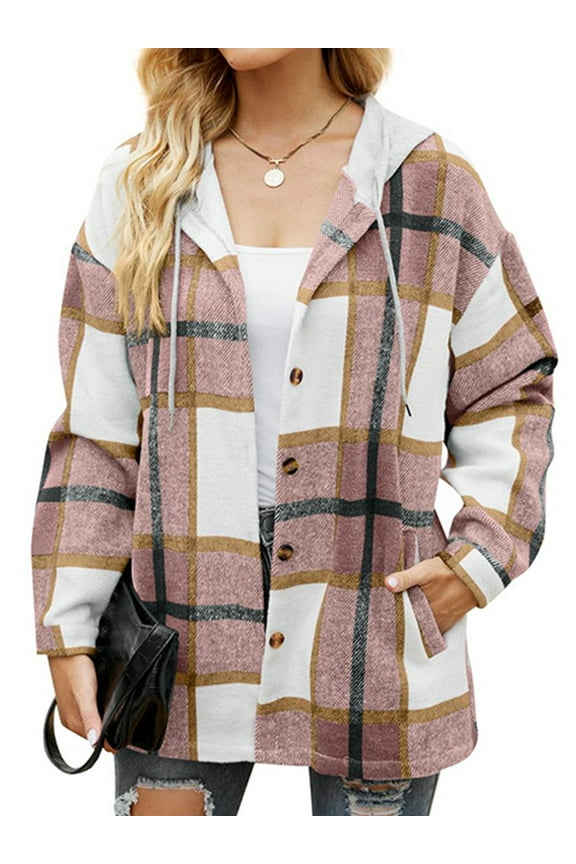 Flannel Shirts for Women Button Down Plaid Shirt Hooded Shacket Jacket with Pocket