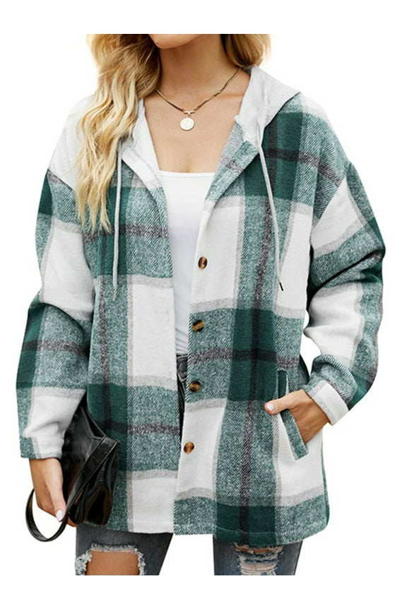 Flannel Shirts for Women Button Down Plaid Shirt Hooded Shacket Jacket with Pocket