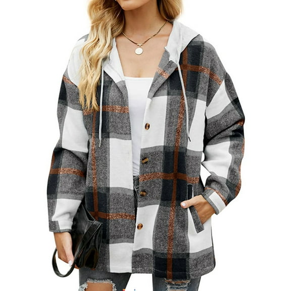 MOSHU Flannel Shirts for Women Button Down Plaid Shirt Hooded Shacket Jacket with Pocket