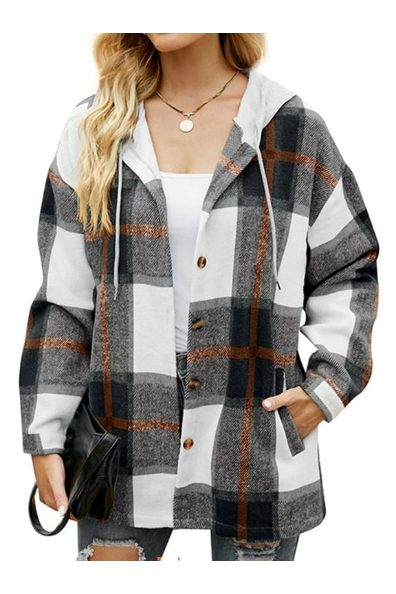 Flannel Shirts for Women Button Down Plaid Shirt Hooded Shacket Jacket with Pocket