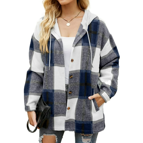 MOSHU Flannel Shirts for Women Button Down Plaid Shirt Hooded Shacket Jacket with Pocket