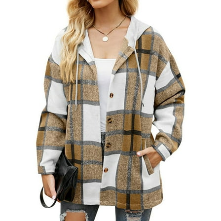 MOSHU Flannel Shirts for Women Button Down Plaid Shirt Hooded Shacket Jacket with Pocket