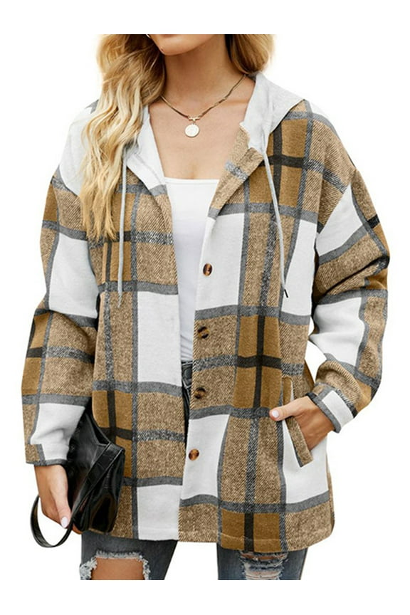 Flannel Shirts for Women Button Down Plaid Shirt Hooded Shacket Jacket with Pocket