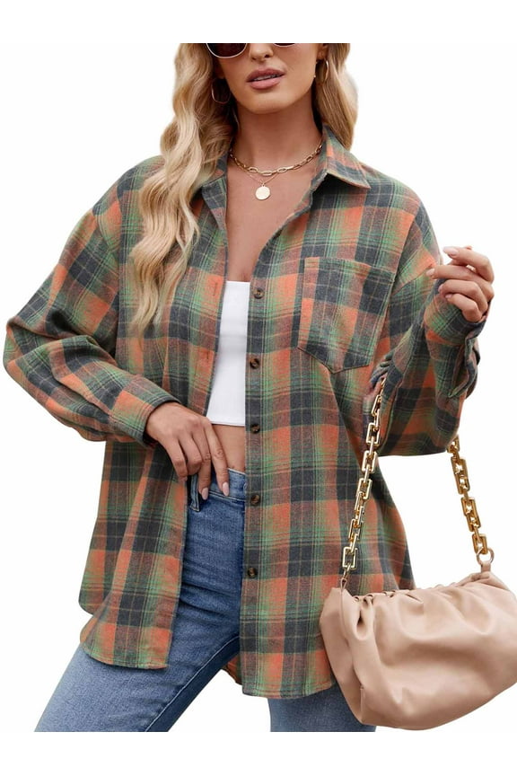 Flannel Shirts for Women Casual Plaid Womens Tops Long Sleeve Button Down Shirts Curved Hem Blouses