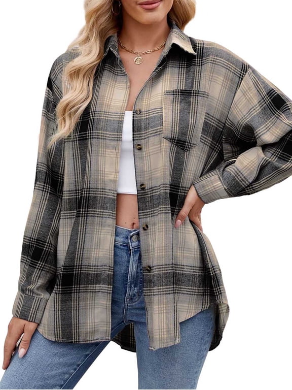 Plus Size Flannel Shirts for Women Casual Plaid Womens Tops Long Sleeve Button Down Shirts Curved Hem Blouses