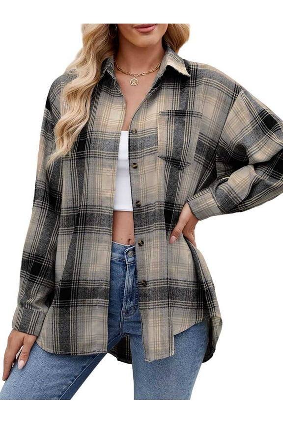 Flannel Shirts for Women Casual Plaid Womens Tops Long Sleeve Button Down Shirts Curved Hem Blouses