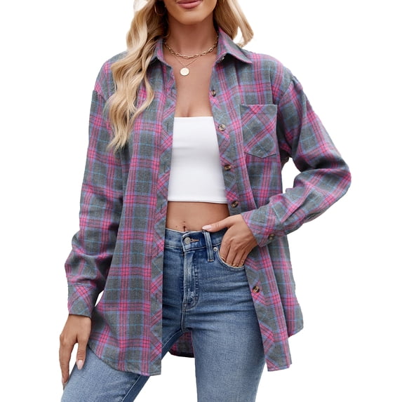 MOSHU Plus Size Flannel Shirts for Women Casual Plaid Womens Tops Long Sleeve Button Down Shirts Curved Hem Blouses
