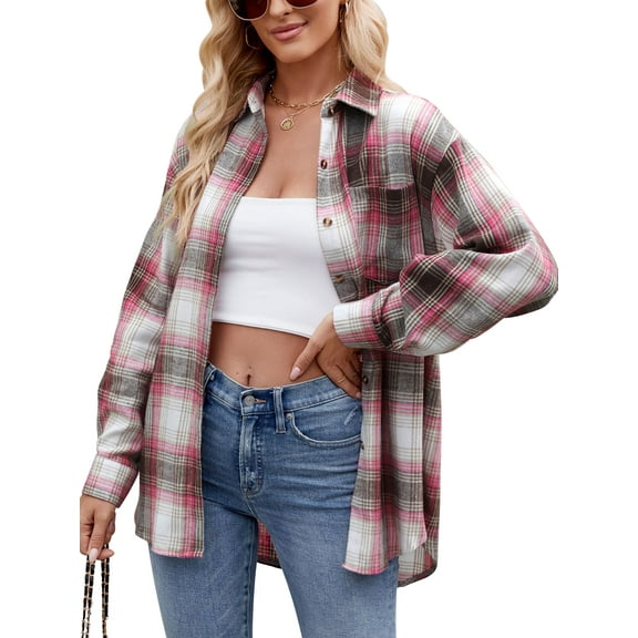 MOSHU Flannel Shirts for Women Casual Plaid Womens Tops Long Sleeve Button Down Shirts Curved Hem Blouses