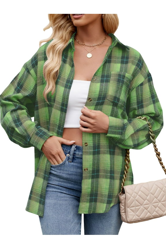 Flannel Shirts for Women Casual Plaid Womens Tops Long Sleeve Button Down Shirts Curved Hem Blouses